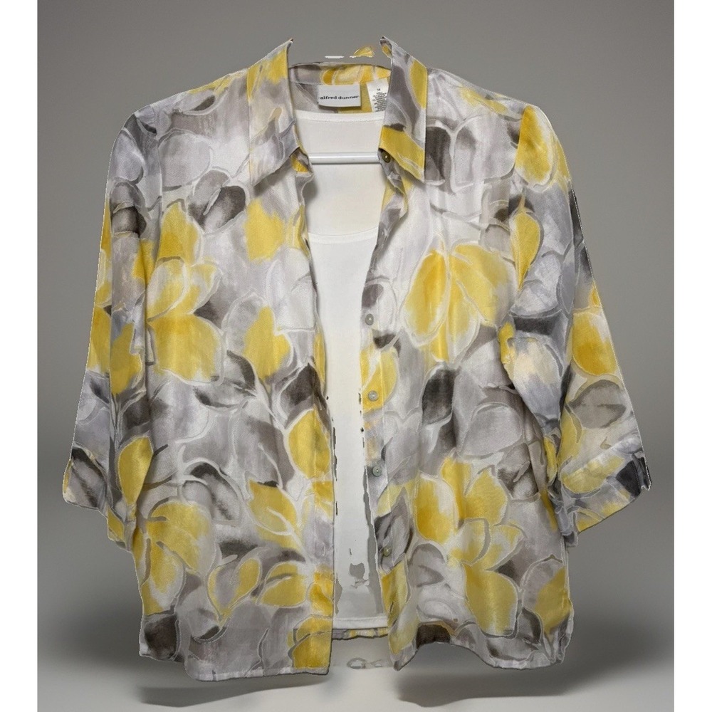 Alfred Dunner Yellow/Grey/White Burnout Blouse Top Button Collar Size 14